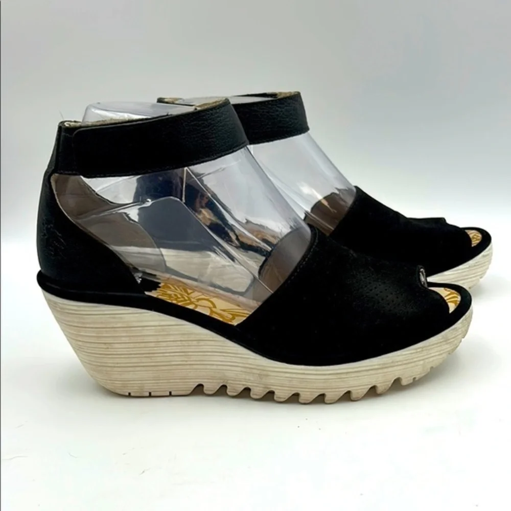 Fly London Black Suede & Leather Peep Toe Wedge Sandals - Size EU 37 / US 6.5–7